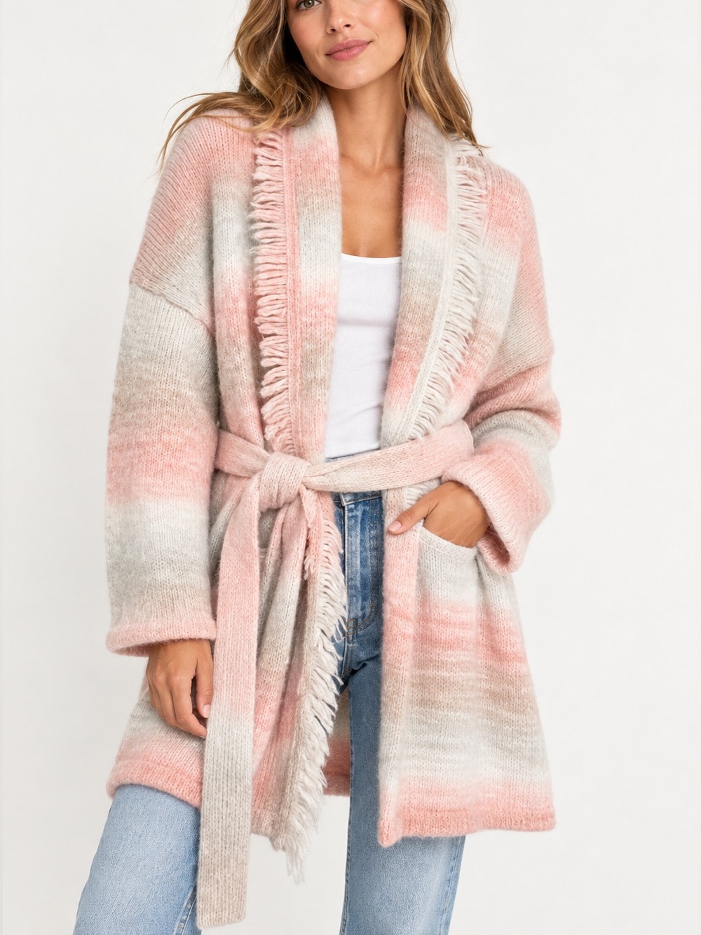 Xirena Pink Ombre Fringe Belted Cardigan XS Oversized Wool Blend Sweater